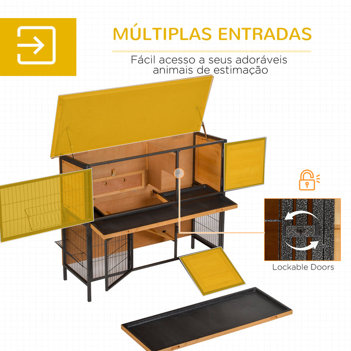 Gaiola para Coelhos de Madeira de 2 Níveis com Teto Asfáltico Rebatível Portas com Fechadura Bandejas Extraíveis e Rampa para Exterior 122x50x101 cm Madeira e Preto
