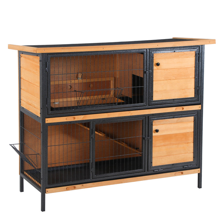 Gaiola para Coelhos de Madeira de 2 Níveis com Teto Asfáltico Rebatível Portas com Fechadura Bandejas Extraíveis e Rampa para Exterior 122x50x101 cm Madeira e Preto