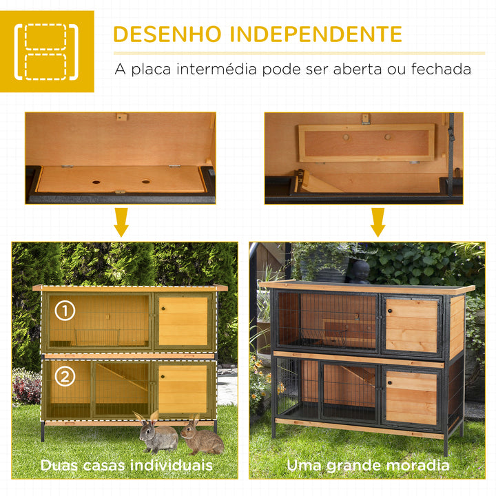Gaiola para Coelhos de Madeira de 2 Níveis com Teto Asfáltico Rebatível Portas com Fechadura Bandejas Extraíveis e Rampa para Exterior 122x50x101 cm Madeira e Preto