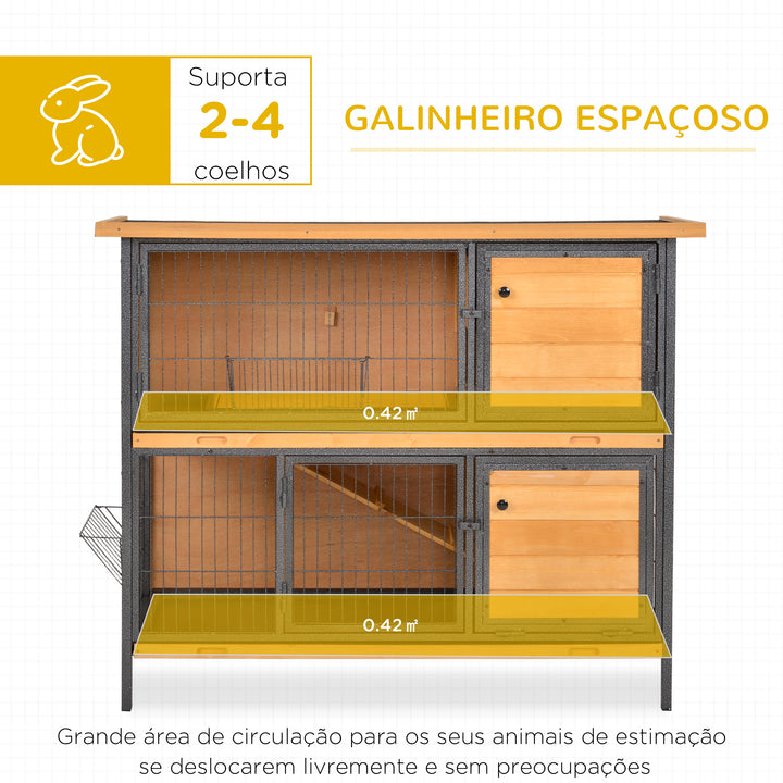 Gaiola para Coelhos de Madeira de 2 Níveis com Teto Asfáltico Rebatível Portas com Fechadura Bandejas Extraíveis e Rampa para Exterior 122x50x101 cm Madeira e Preto