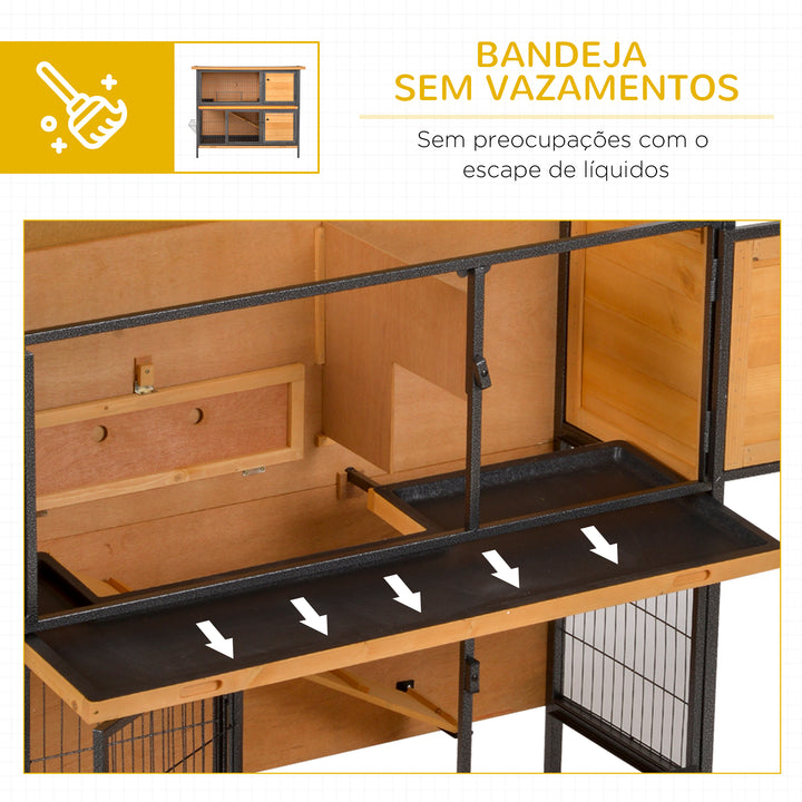 Gaiola para Coelhos de Madeira de 2 Níveis com Teto Asfáltico Rebatível Portas com Fechadura Bandejas Extraíveis e Rampa para Exterior 122x50x101 cm Madeira e Preto