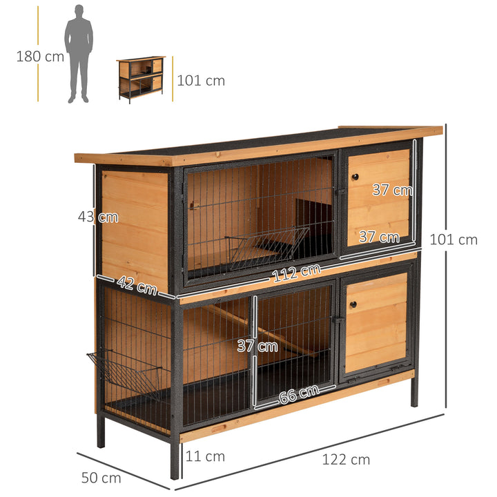 Gaiola para Coelhos de Madeira de 2 Níveis com Teto Asfáltico Rebatível Portas com Fechadura Bandejas Extraíveis e Rampa para Exterior 122x50x101 cm Madeira e Preto
