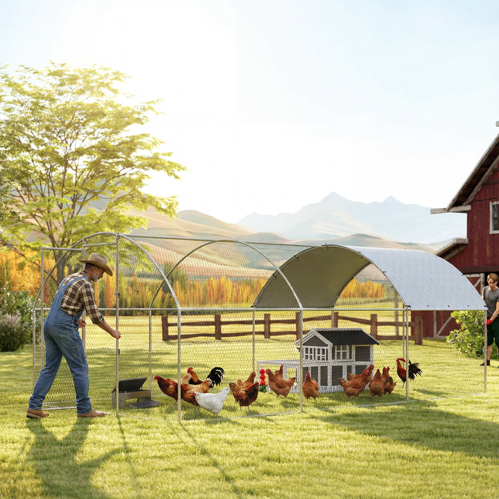 Galinheiro de Exterior Grande 2,8x5,1x1,9 m, 14,2 m² Galinheiro de Aço Galvanizado com Cobertura de Tecido Oxford Anti-UV e Impermeável Porta e Fechos Gaiola para 15-24 Galinhas Prateado