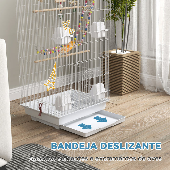 Gaiola para Passáros Gaiola de Metal com Múltiplas Portas 4 Comedouros 3 Poleiros Baloiço Escadas e Bandeja Removível para Periquitos Canários 46x36x100 cm Branco
