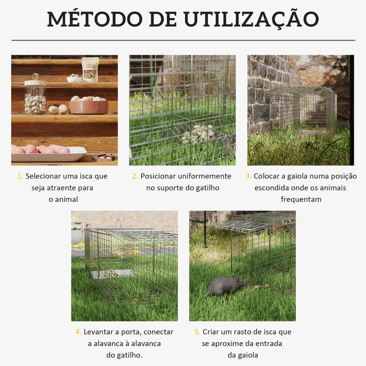 Armadilha para Animais Vivos Dobrável 93x31x34,5 cm Gaiola de Captura com Porta e Alça para Coelhos Roedores Prata