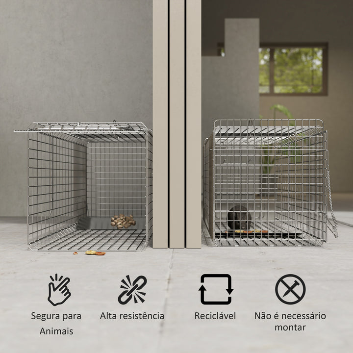 Armadilha para Animais Vivos Dobrável 93x31x34,5 cm Gaiola de Captura com Porta e Alça para Coelhos Roedores Prata