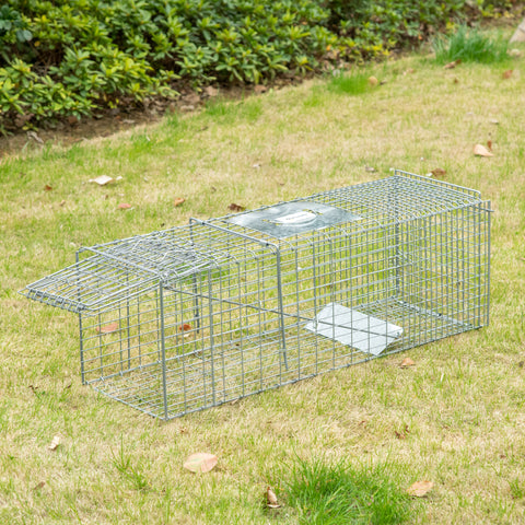 Armadilha para Animais Vivos Dobrável 93x31x34,5 cm Gaiola de Captura com Porta e Alça para Coelhos Roedores Prata