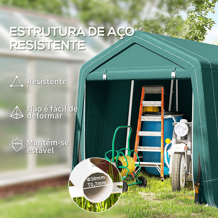 Abrigo de Exterior para Ferramentas Bicicleta 2,4x2x2,02 m Abrigo de Armazenamento com 2 Portas com Fecho de Correr Impermeável Anti-UV para Jardim Verde