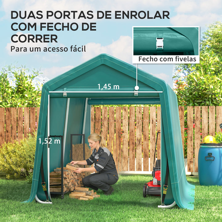 Abrigo de Exterior para Ferramentas Bicicleta 2,4x2x2,02 m Abrigo de Armazenamento com 2 Portas com Fecho de Correr Impermeável Anti-UV para Jardim Verde