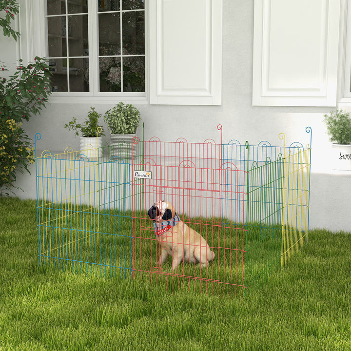 Parque Dobrável para Cães, 8 Painéis Ø156x60 cm Cercado Metálico para Cães e Coelhos Design Personalizável com Porta e Estacas Interior e Exterior Multicolor