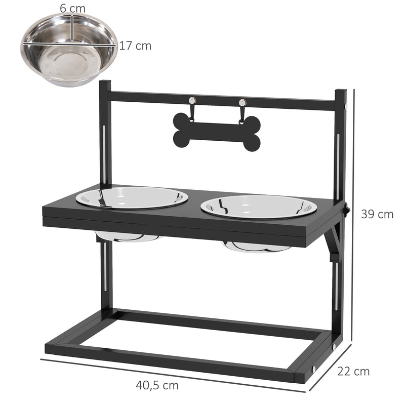 Comedouro Elevado para Cães Alimentador para Cães com 2 Tigelas de Aço Inoxidável com Altura Ajustável e 1 Peça de Metal com Formato de Osso 40,5x22x39 cm Preto