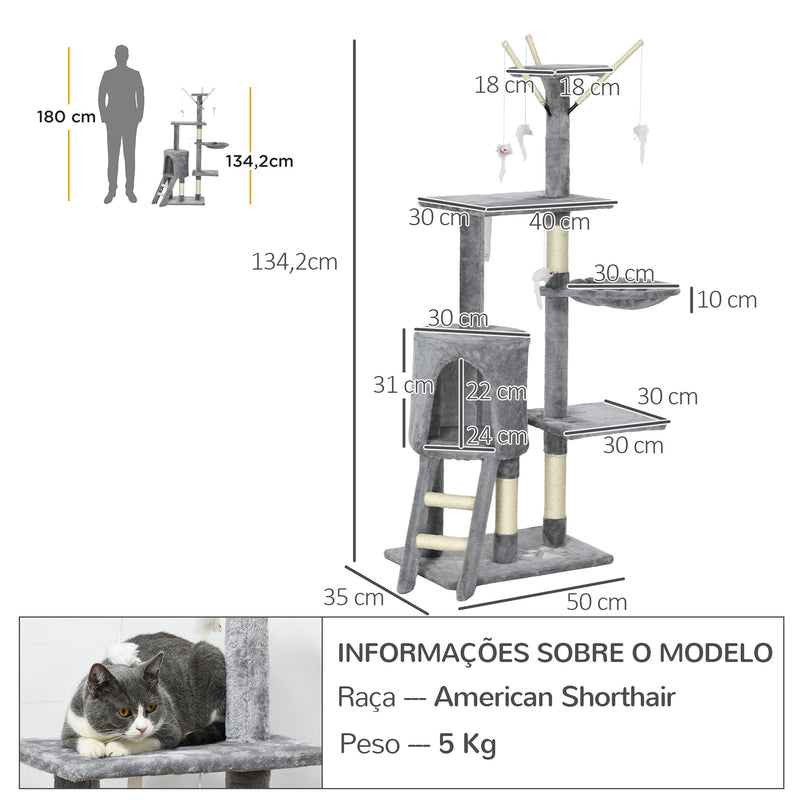 Arranhador para Gatos de 134,2 cm Torre para Gatos com Caverna Plataformas Rato de Brinquedo Rede e Postes de Sisal 50x35x134,2 cm Cinza