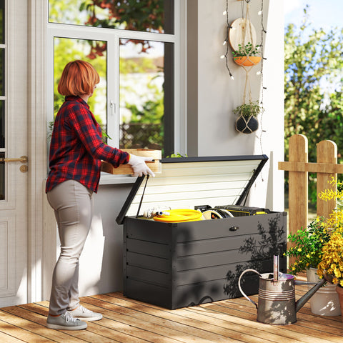 Baú de Arrumação Exterior Capacidade 311L Baú de Arrumação de Aço com Fechadura Chave Pistões Pneumáticos para Jardim Varanda Pátio 120x62x62 cm Cinza Escuro
