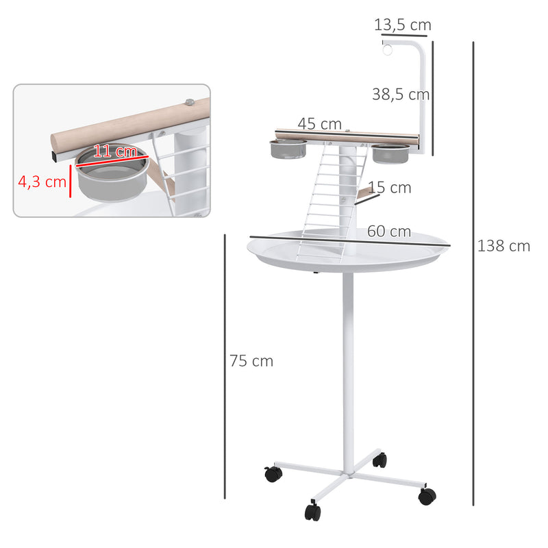 Comedouro para Pássaros de Exterior com Rodas Ø60x138 cm Comedouro para Pássaros em Pé com 2 Recipientes de Aço Inoxidável e 2 Poleiros para Jardim Terraço Branco