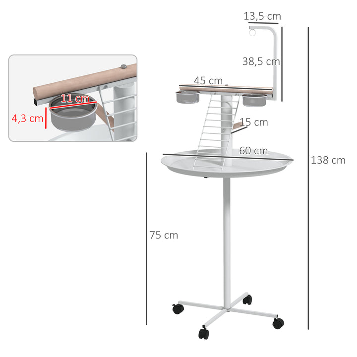 Comedouro para Pássaros de Exterior com Rodas Ø60x138 cm Comedouro para Pássaros em Pé com 2 Recipientes de Aço Inoxidável e 2 Poleiros para Jardim Terraço Branco