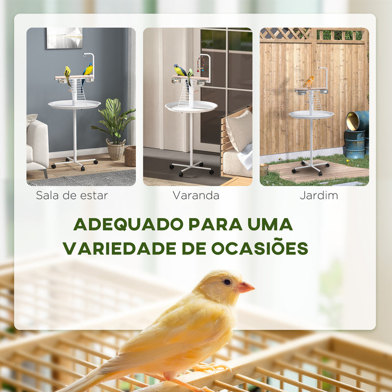 Comedouro para Pássaros de Exterior com Rodas Ø60x138 cm Comedouro para Pássaros em Pé com 2 Recipientes de Aço Inoxidável e 2 Poleiros para Jardim Terraço Branco