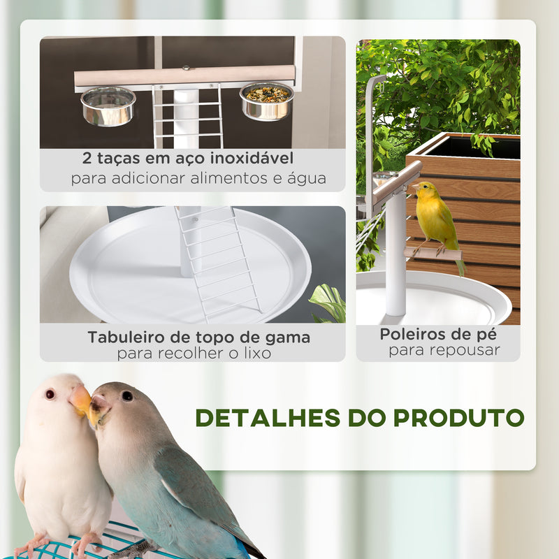 Comedouro para Pássaros de Exterior com Rodas Ø60x138 cm Comedouro para Pássaros em Pé com 2 Recipientes de Aço Inoxidável e 2 Poleiros para Jardim Terraço Branco