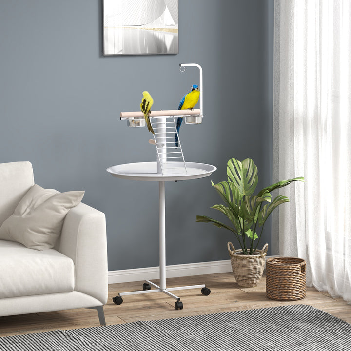 Comedouro para Pássaros de Exterior com Rodas Ø60x138 cm Comedouro para Pássaros em Pé com 2 Recipientes de Aço Inoxidável e 2 Poleiros para Jardim Terraço Branco