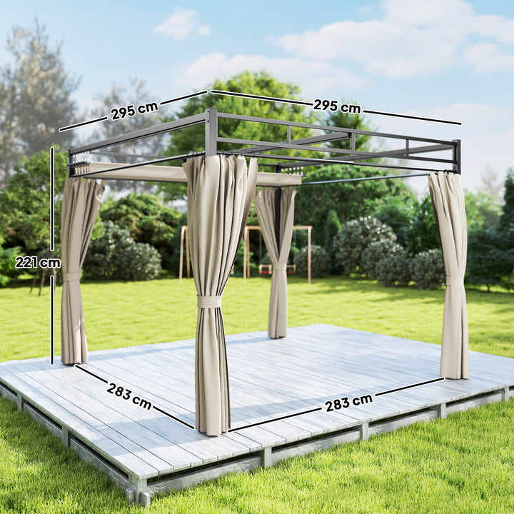 Pérgola de Jardim 295x295x221 cm com Teto Retrátil e Cortinas UPF30+ Estrutura Metálica Pérgola para Exterior Bege