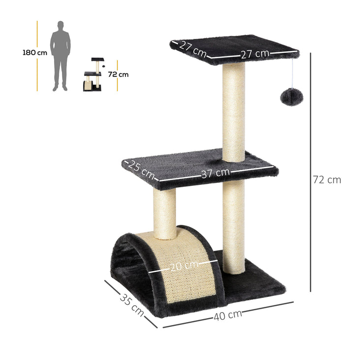 Arranhador para Gatos Médio Arranhador para Gatos de 3 Níveis Torre para Gatos com Postes de Sisal Placa para Arranhar e Bola Suspensa Cinzento Escuro