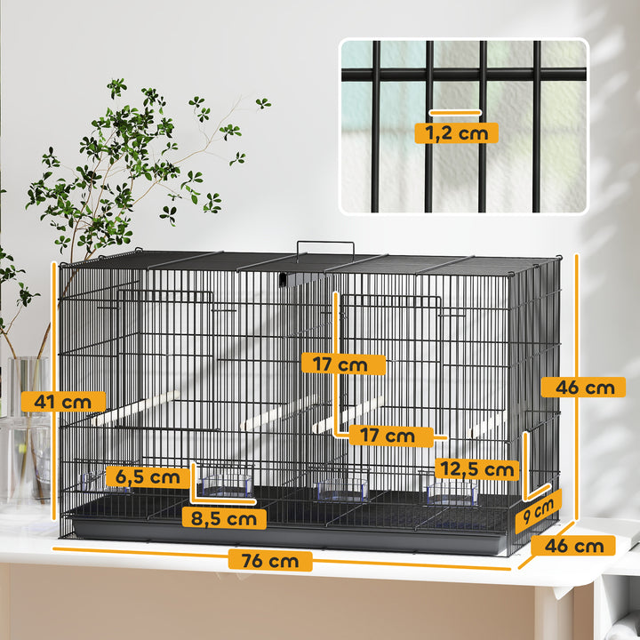Gaiola para Pássaros com Divisória Gaiola para Aves com 4 Comedouros 4 Poleiros e Bandeja Amovível Gaiola para Canários Periquitos 76x46x46 cm Preto