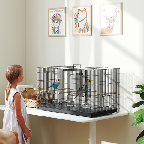 Gaiola para Pássaros com Divisória Gaiola para Aves com 4 Comedouros 4 Poleiros e Bandeja Amovível Gaiola para Canários Periquitos 76x46x46 cm Preto