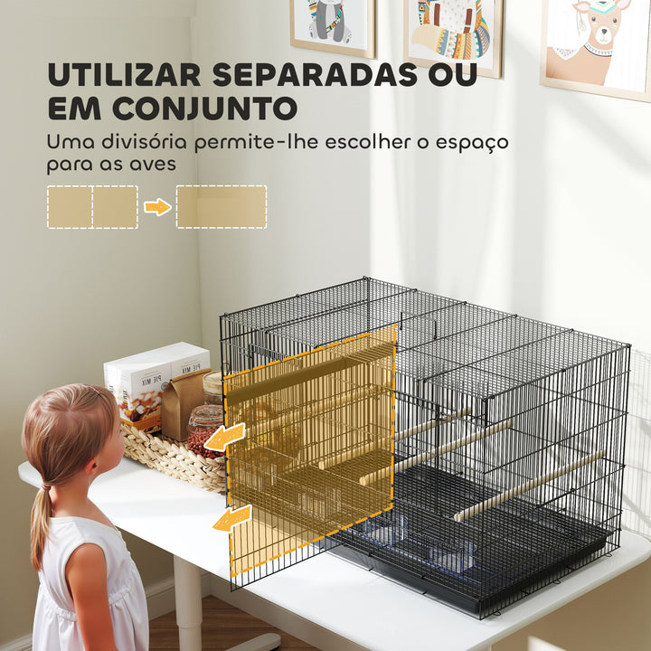 Gaiola para Pássaros com Divisória Gaiola para Aves com 4 Comedouros 4 Poleiros e Bandeja Amovível Gaiola para Canários Periquitos 76x46x46 cm Preto