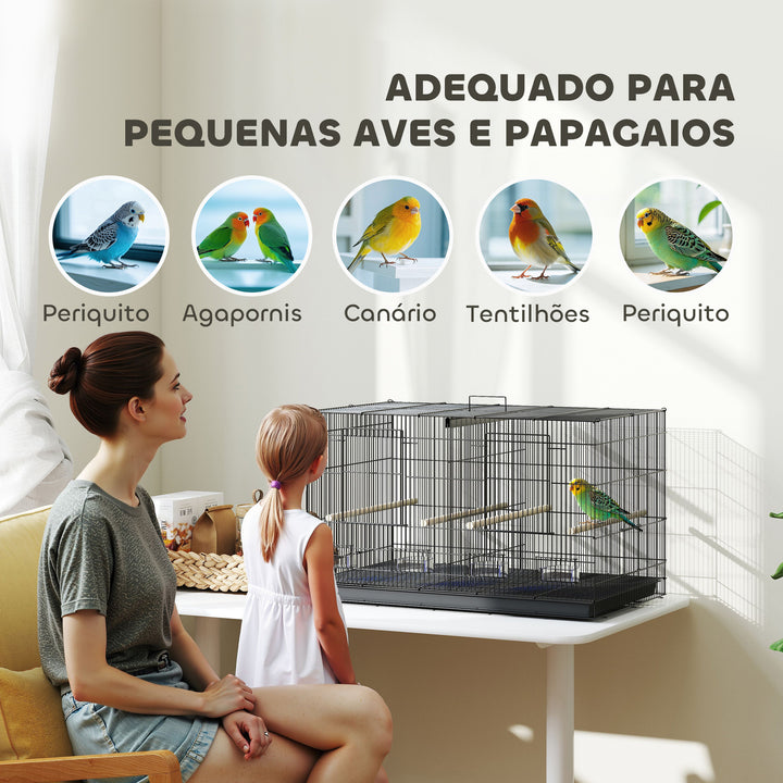 Gaiola para Pássaros com Divisória Gaiola para Aves com 4 Comedouros 4 Poleiros e Bandeja Amovível Gaiola para Canários Periquitos 76x46x46 cm Preto