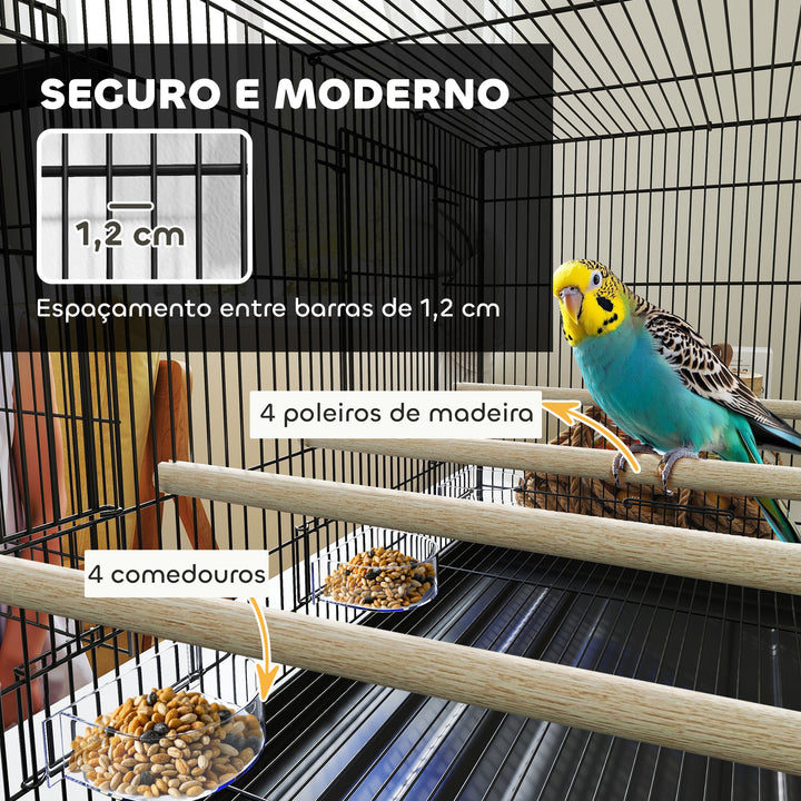 Gaiola para Pássaros com Divisória Gaiola para Aves com 4 Comedouros 4 Poleiros e Bandeja Amovível Gaiola para Canários Periquitos 76x46x46 cm Preto