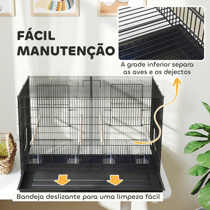 Gaiola para Pássaros com Divisória Gaiola para Aves com 4 Comedouros 4 Poleiros e Bandeja Amovível Gaiola para Canários Periquitos 76x46x46 cm Preto