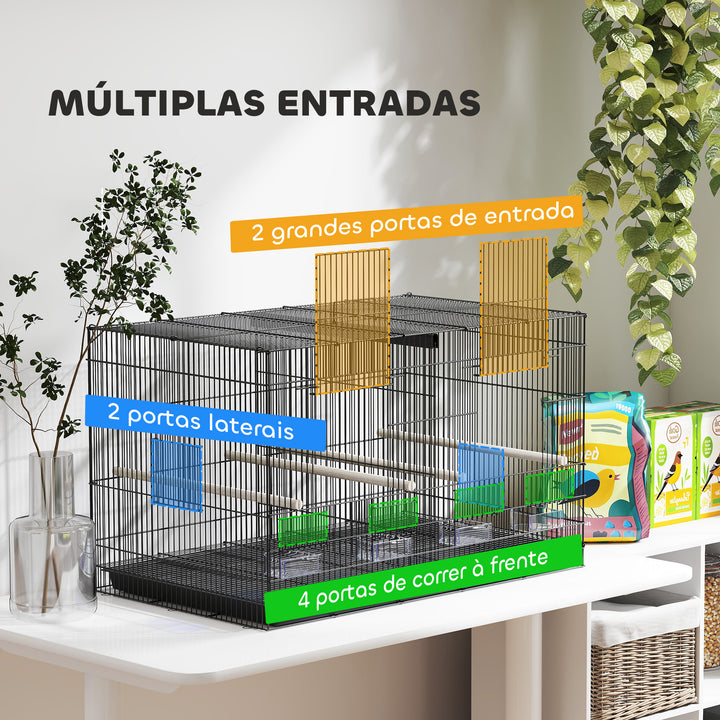 Gaiola para Pássaros com Divisória Gaiola para Aves com 4 Comedouros 4 Poleiros e Bandeja Amovível Gaiola para Canários Periquitos 76x46x46 cm Preto