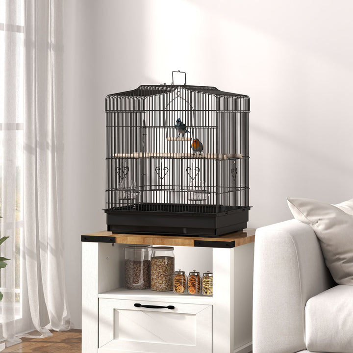 Gaiola para Pássaros 46,5x36x59 cm Gaiola de Metal para Pássaros com Portas 2 Comedouros 2 Poleiros Baloiço Bandeja Amovível e Pega de Transporte para Canário Periquito Preto