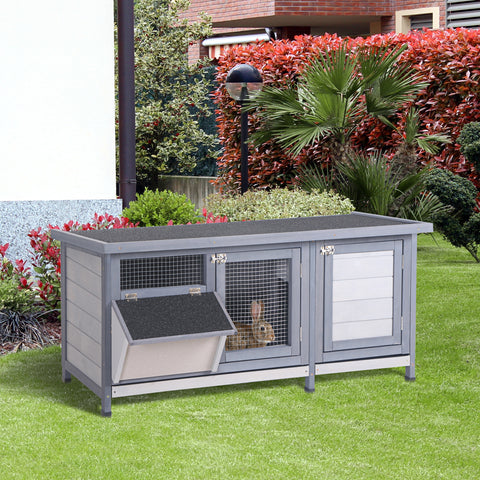 Coelheira de Madeira Gaiola para Coelhos com Telhado Asfáltico Rebatível Portas com Fecho Bandejas Removíveis e Comedouro Coelheira para Exterior 112x50x54 cm Cinzento