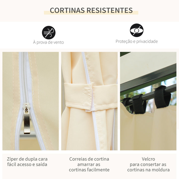 Pérgola de Jardim com Estrutura de Aço Teto Duplo 6 Cortinas Laterais 8 Orifícios de Drenagem 300x400x280 cm Creme