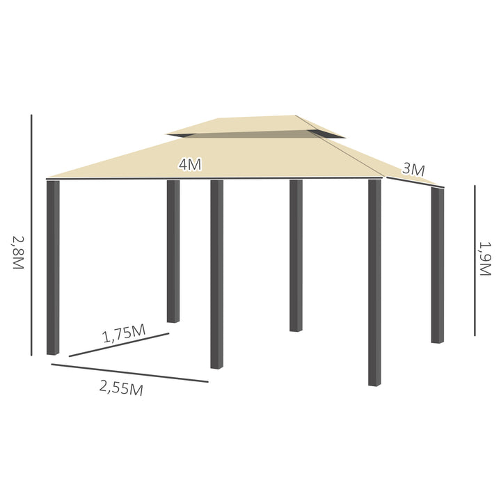 Pérgola de Jardim com Estrutura de Aço Teto Duplo 6 Cortinas Laterais 8 Orifícios de Drenagem 300x400x280 cm Creme