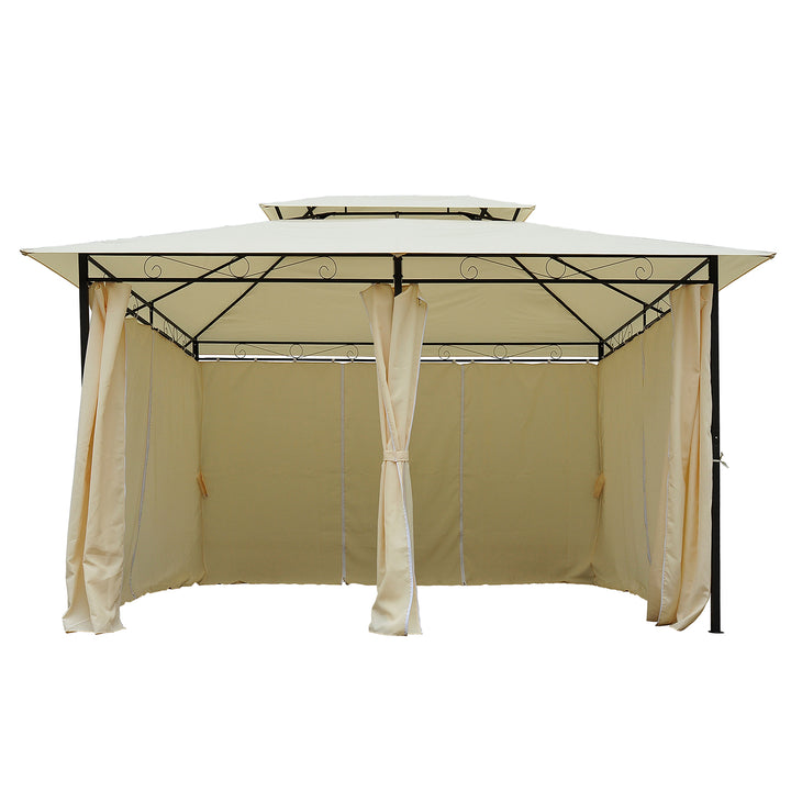 Pérgola de Jardim com Estrutura de Aço Teto Duplo 6 Cortinas Laterais 8 Orifícios de Drenagem 300x400x280 cm Creme