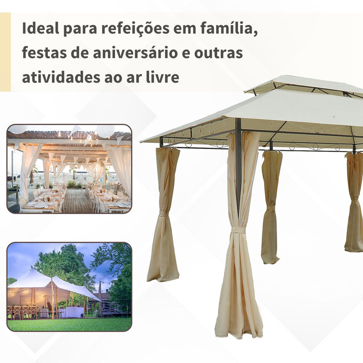 Pérgola de Jardim com Estrutura de Aço Teto Duplo 6 Cortinas Laterais 8 Orifícios de Drenagem 300x400x280 cm Creme