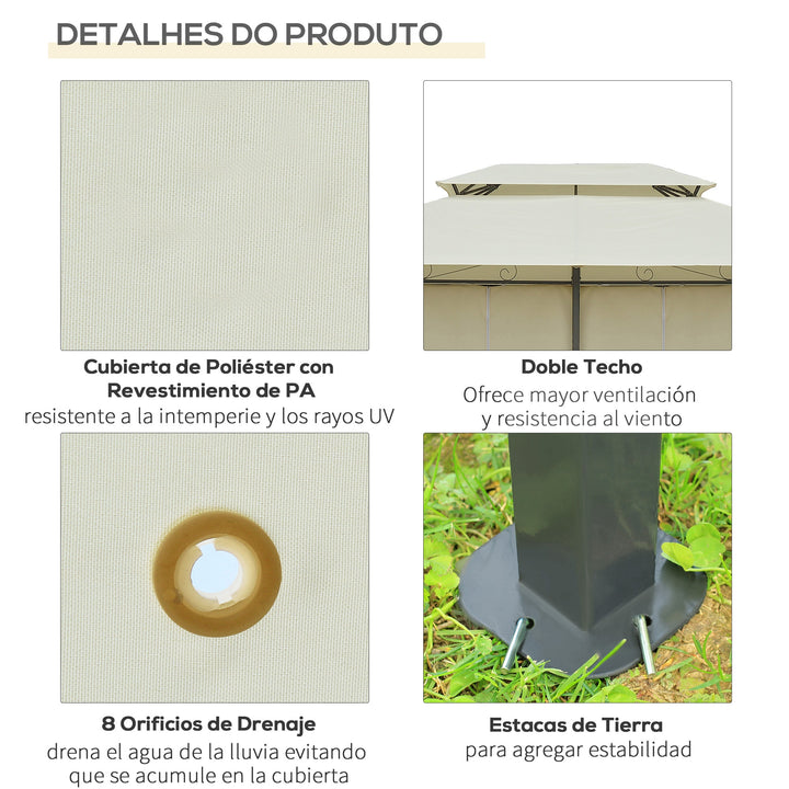Pérgola de Jardim com Estrutura de Aço Teto Duplo 6 Cortinas Laterais 8 Orifícios de Drenagem 300x400x280 cm Creme
