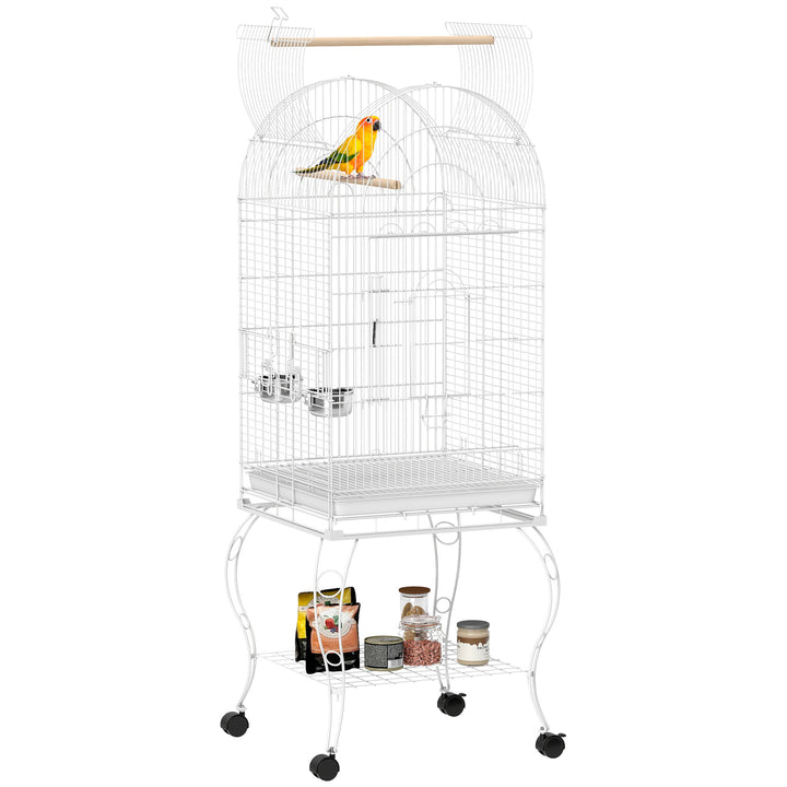 Gaiola para Pássaros com Rodas e Estante 51x51x153 cm Gaiola Grande com Parte Superior Rebatível 2 Comedouros 2 Poleiros 4 Portas e Bandeja Removível para Papagaios e Canários Branco