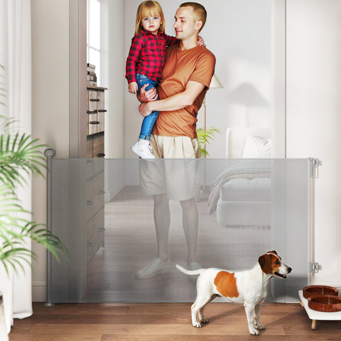 Barreira para Cães Retráctil 0-140 cm Porta para Cães Pequenos Extensível Barreira de Segurança para Animais de Estimação com Botão de Fecho para Escadas Portas e Corredores 146x9x86,5 cm Cinza