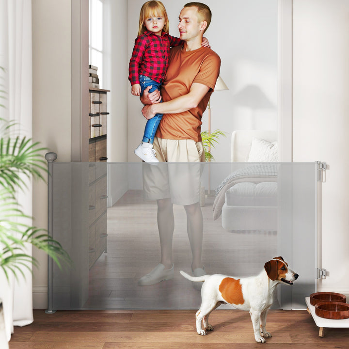 Barreira para Cães Retráctil 0-140 cm Porta para Cães Pequenos Extensível Barreira de Segurança para Animais de Estimação com Botão de Fecho para Escadas Portas e Corredores 146x9x86,5 cm Cinza