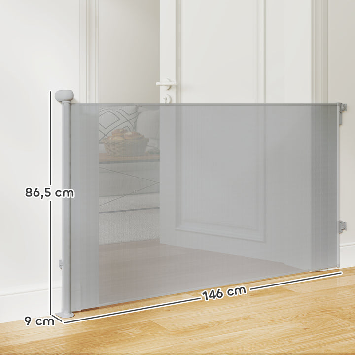 Barreira para Cães Retráctil 0-140 cm Porta para Cães Pequenos Extensível Barreira de Segurança para Animais de Estimação com Botão de Fecho para Escadas Portas e Corredores 146x9x86,5 cm Cinza