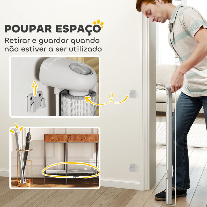 Barreira para Cães Retráctil 0-140 cm Porta para Cães Pequenos Extensível Barreira de Segurança para Animais de Estimação com Botão de Fecho para Escadas Portas e Corredores 146x9x86,5 cm Cinza