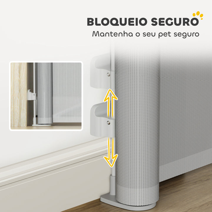 Barreira para Cães Retráctil 0-140 cm Porta para Cães Pequenos Extensível Barreira de Segurança para Animais de Estimação com Botão de Fecho para Escadas Portas e Corredores 146x9x86,5 cm Cinza