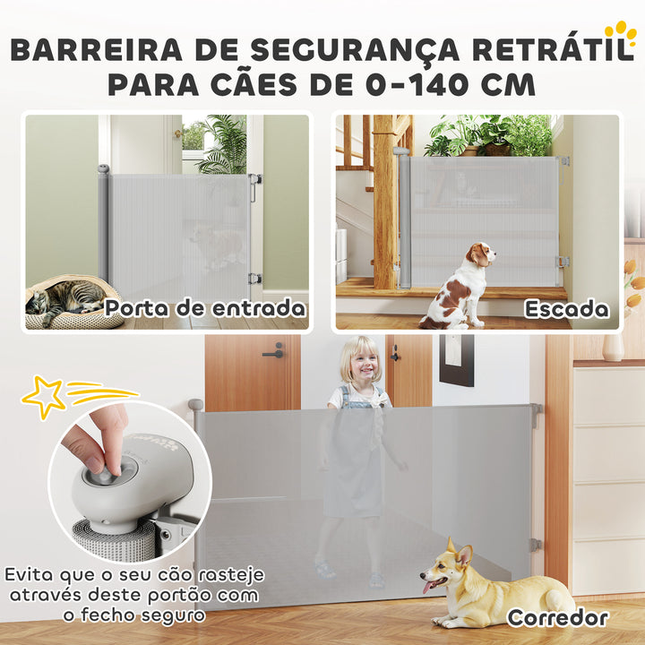 Barreira para Cães Retráctil 0-140 cm Porta para Cães Pequenos Extensível Barreira de Segurança para Animais de Estimação com Botão de Fecho para Escadas Portas e Corredores 146x9x86,5 cm Cinza