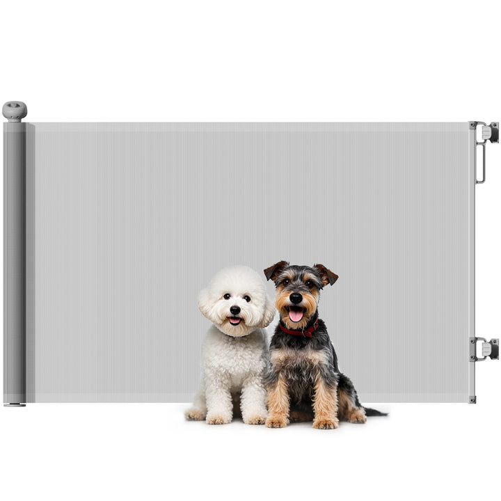 Barreira para Cães Retráctil 0-140 cm Porta para Cães Pequenos Extensível Barreira de Segurança para Animais de Estimação com Botão de Fecho para Escadas Portas e Corredores 146x9x86,5 cm Cinza