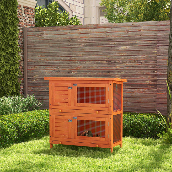 Coelheira de Madeira Exterior de 2 Níveis Gaiola para 1-2 Coelhos Animais Pequenos com Teto Asfáltico Dobrável e 2 Bandejas Removíveis 90x45x90cm Madeira
