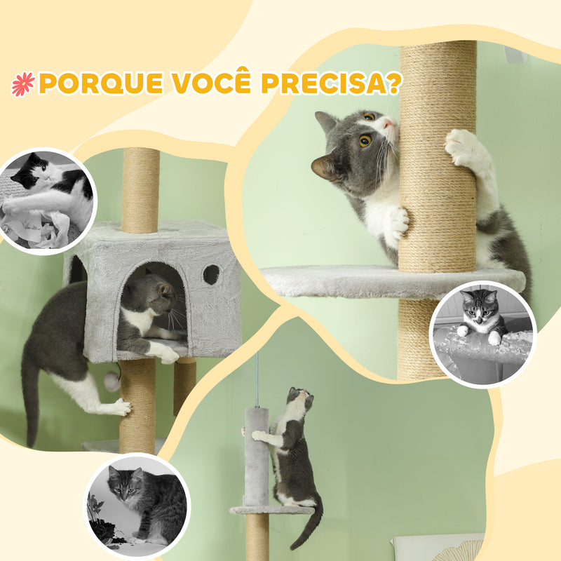 Arranhador para Gatos do Chão ao Teto de 225-265 cm Arranhador para Gatos com Altura Ajustável Múltiplas Plataformas Escada Bola Suspensa Cinza Claro