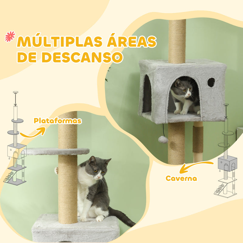 Arranhador para Gatos do Chão ao Teto de 225-265 cm Arranhador para Gatos com Altura Ajustável Múltiplas Plataformas Escada Bola Suspensa Cinza Claro