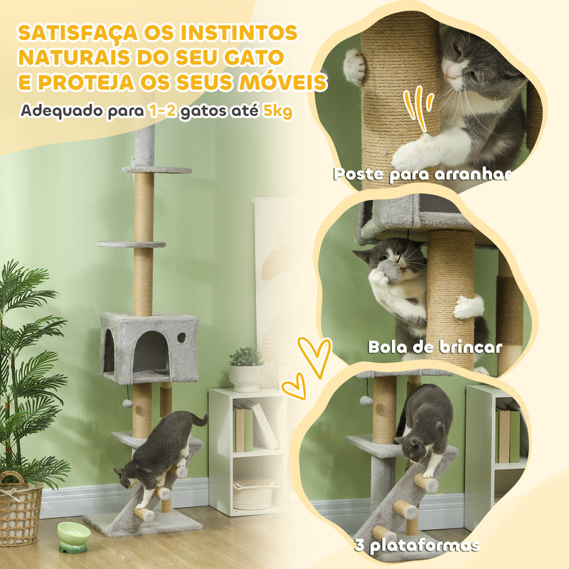 Arranhador para Gatos do Chão ao Teto de 225-265 cm Arranhador para Gatos com Altura Ajustável Múltiplas Plataformas Escada Bola Suspensa Cinza Claro